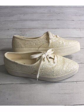 Keds Women's Platform Sneakers Size 10 Glitter Lace Up Cream